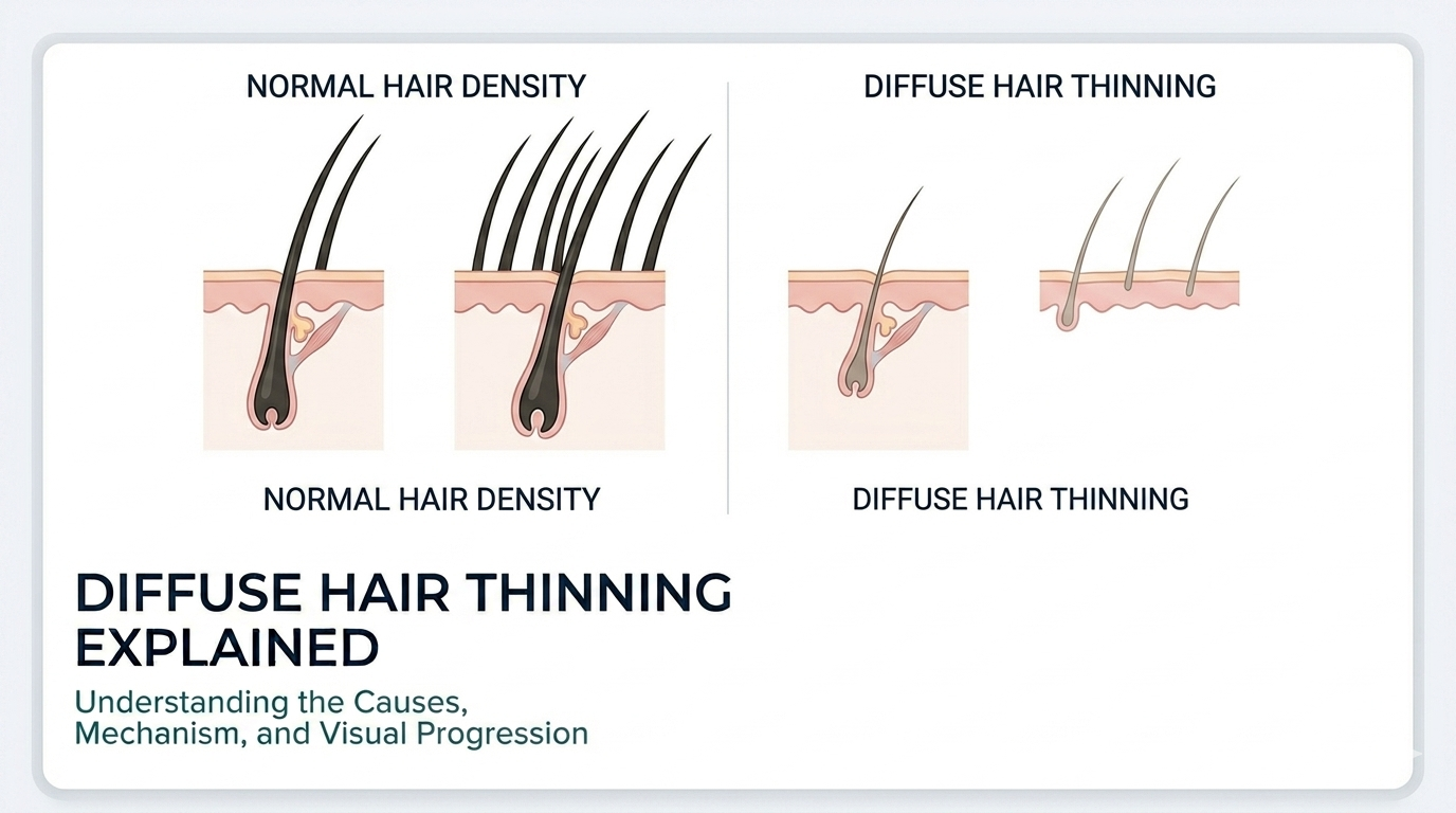 Illustration showing gradual reduction in hair density across the entire scalp, representing diffuse hair thinning without distinct bald patches
