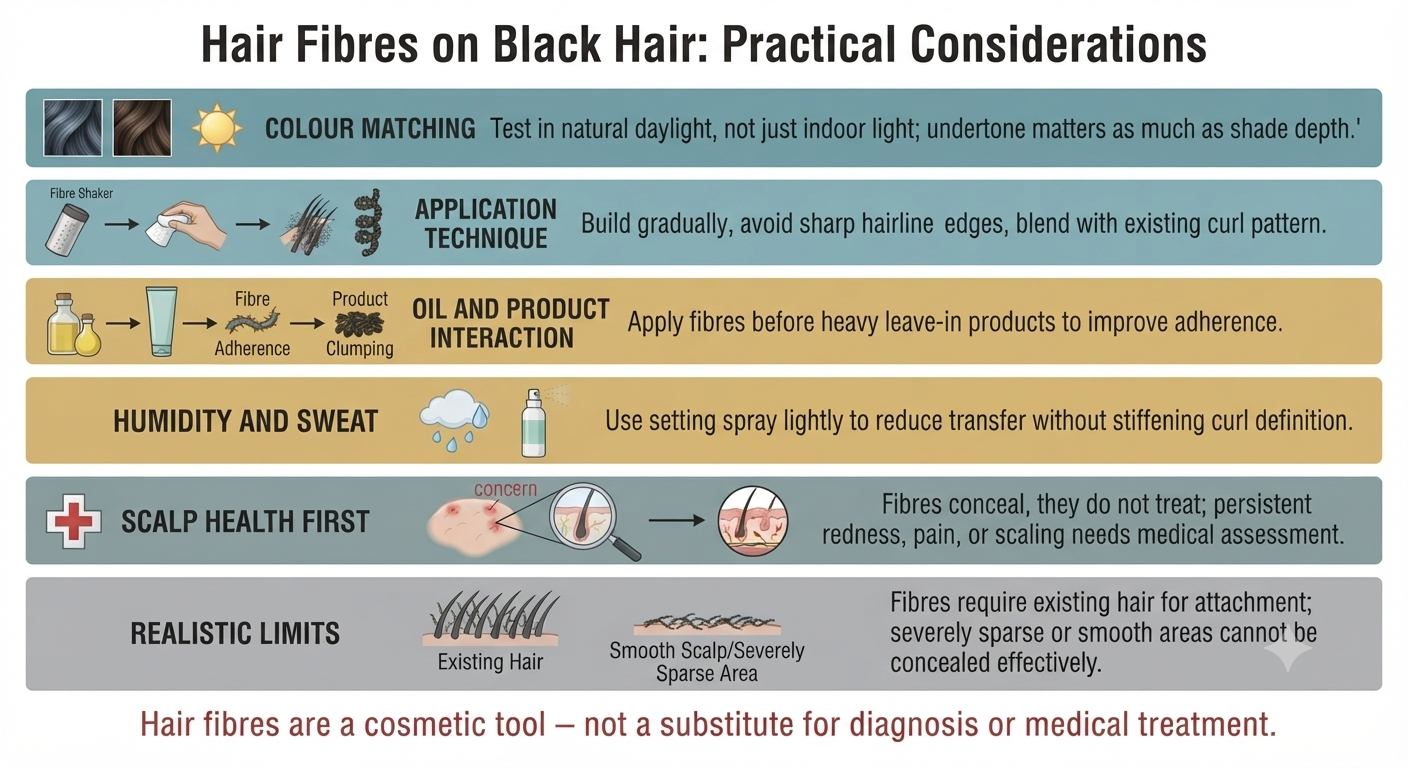 Summary practical guidance panel for fibre use in textured Black hair