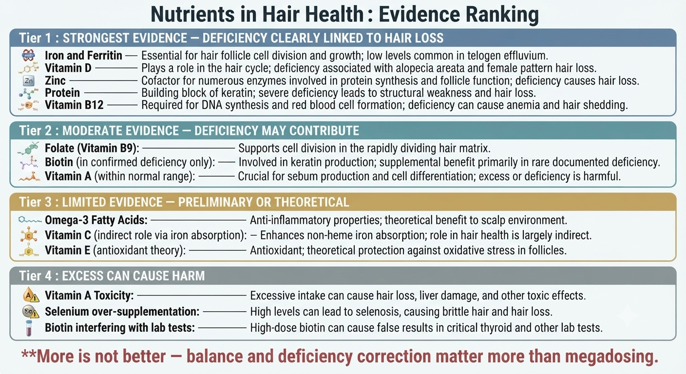 Evidence-ranked diagram of key nutrients in hair health