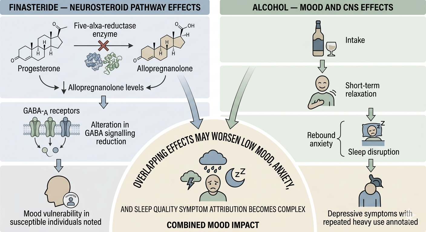 Diagram showing converging mood effects of finasteride and alcohol