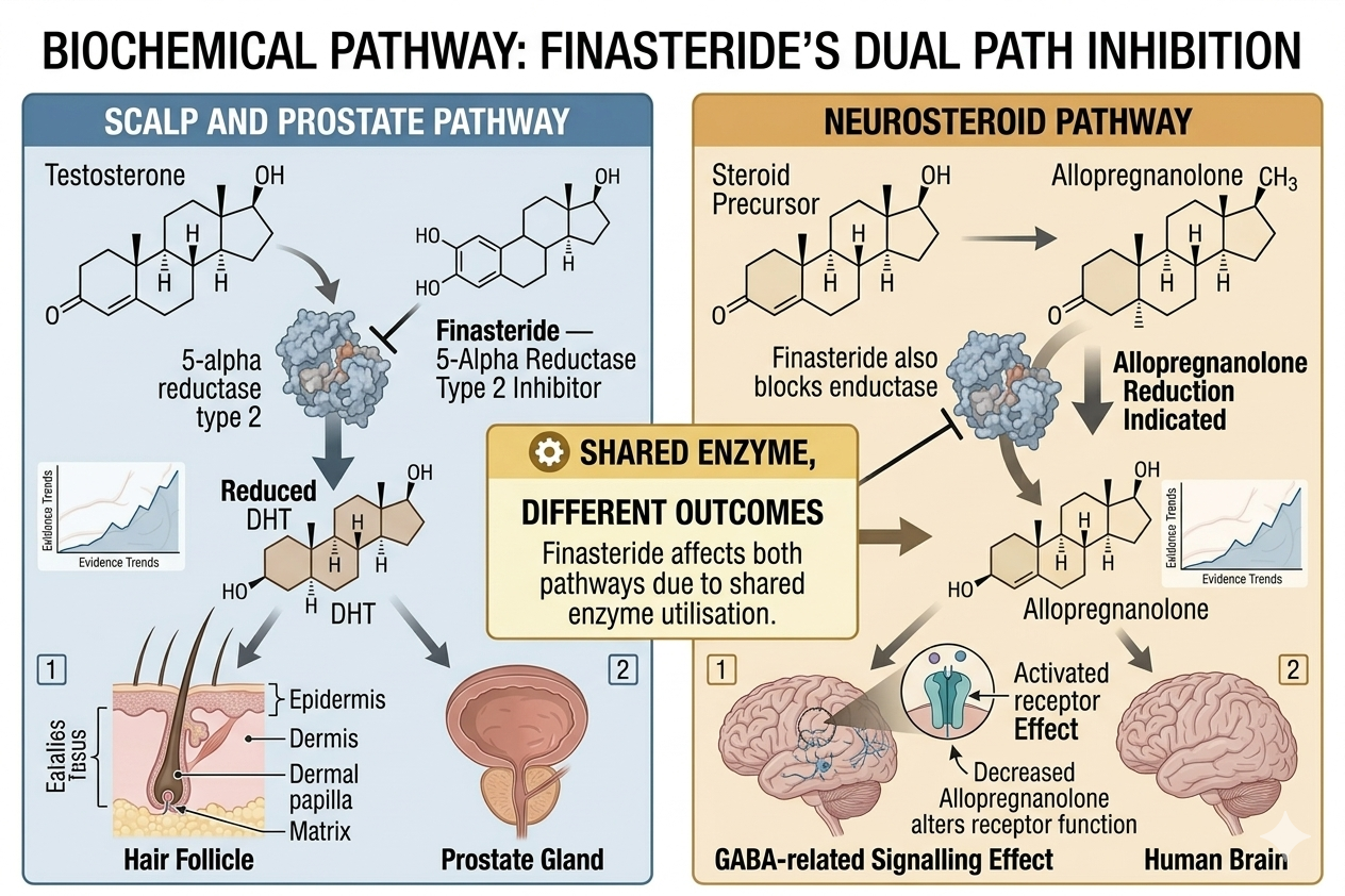 Diagram of finasteride's mechanism including neurosteroid pathway