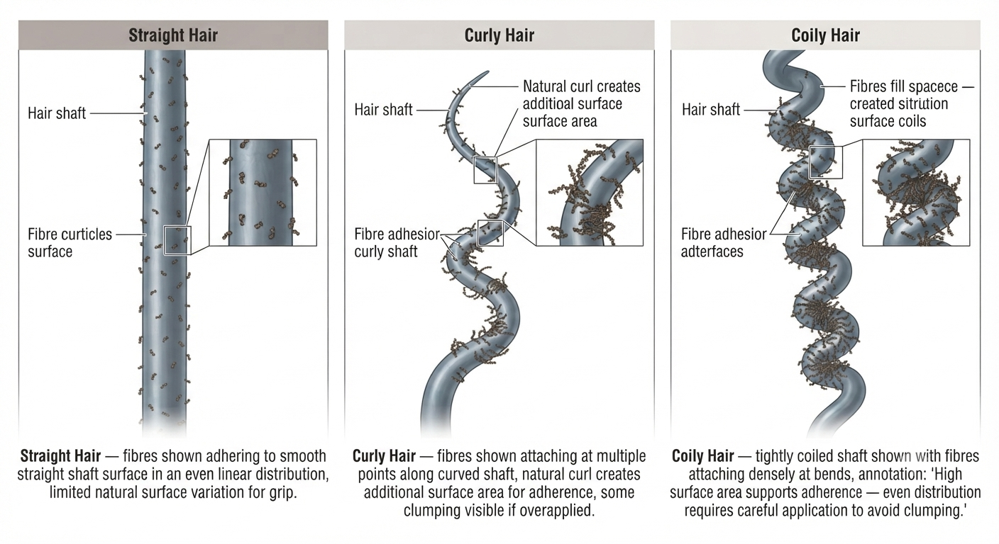 Diagram showing fibre attachment and distribution differences across straight, curly, and coily hair