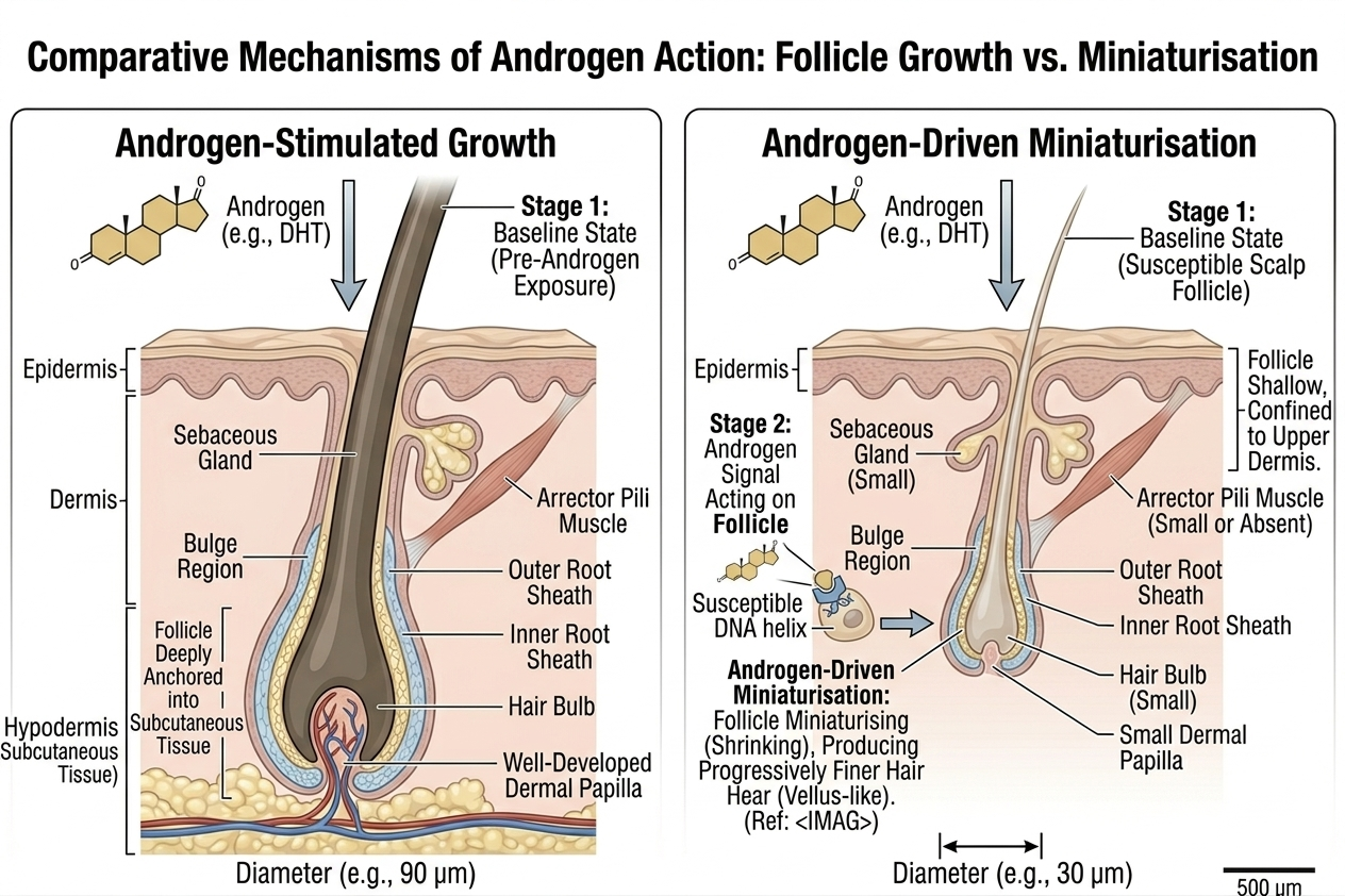 Diagram showing androgen-driven follicle enlargement vs miniaturisation