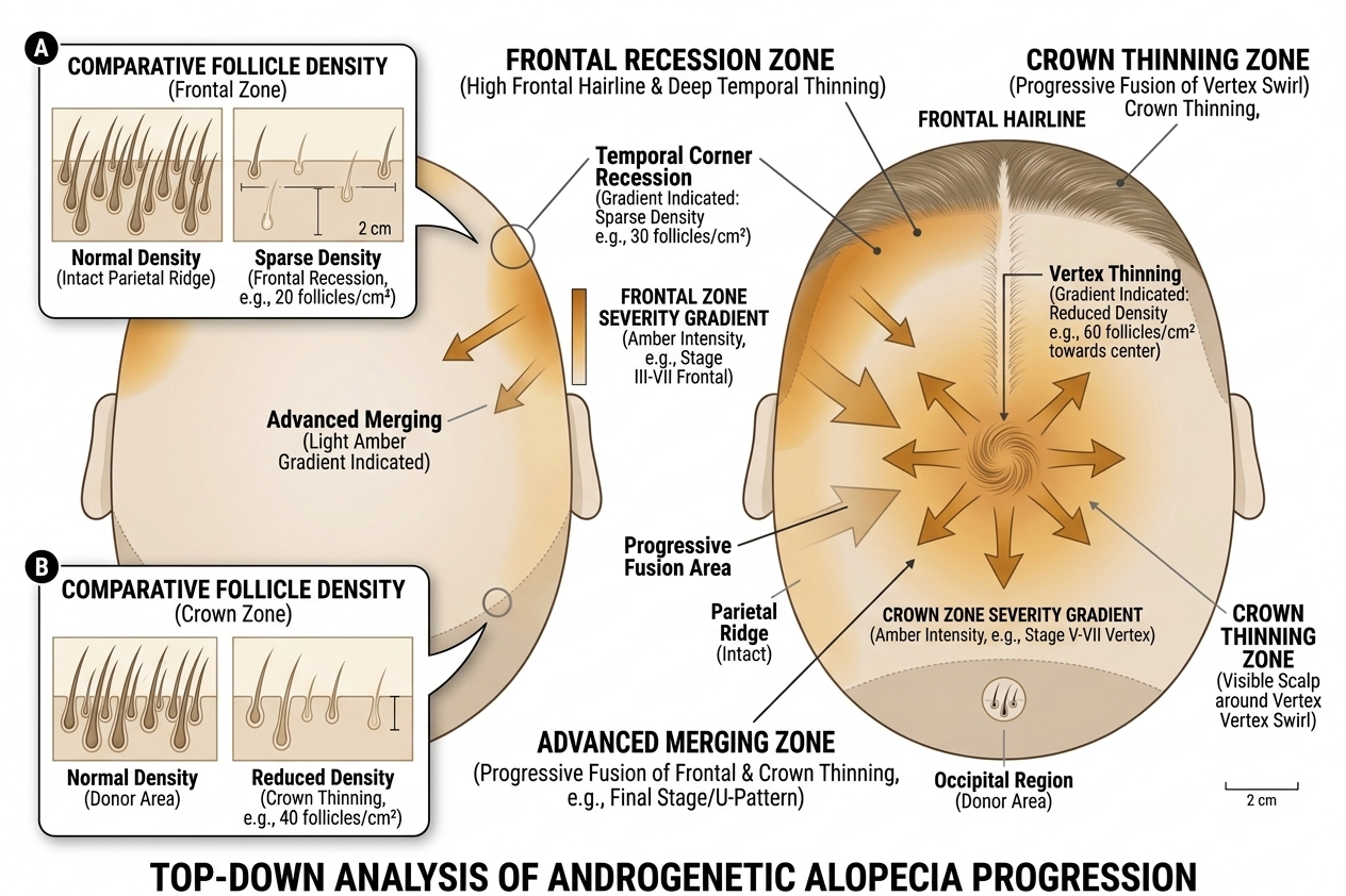 Diagram showing combined frontal recession and crown thinning pattern