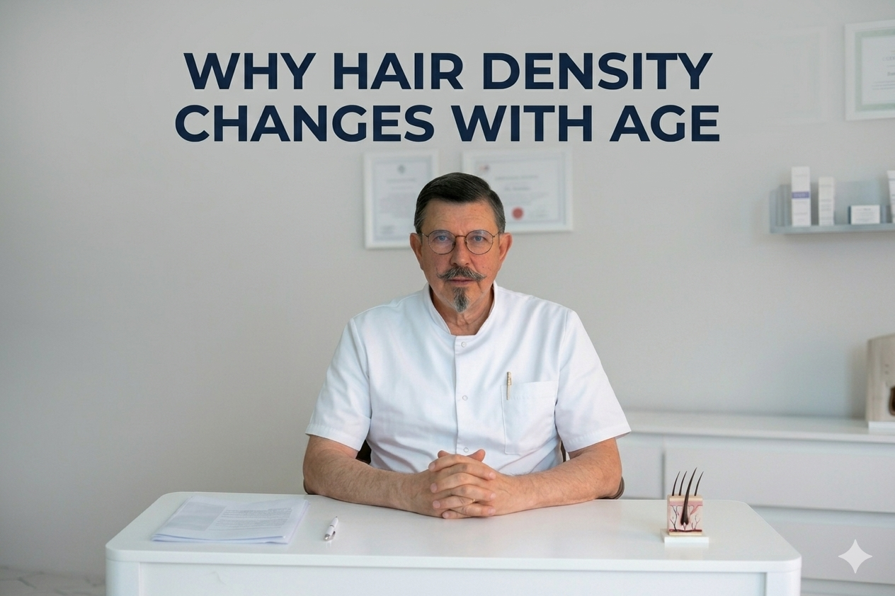 Why hair density changes with age blog title on a clean background
