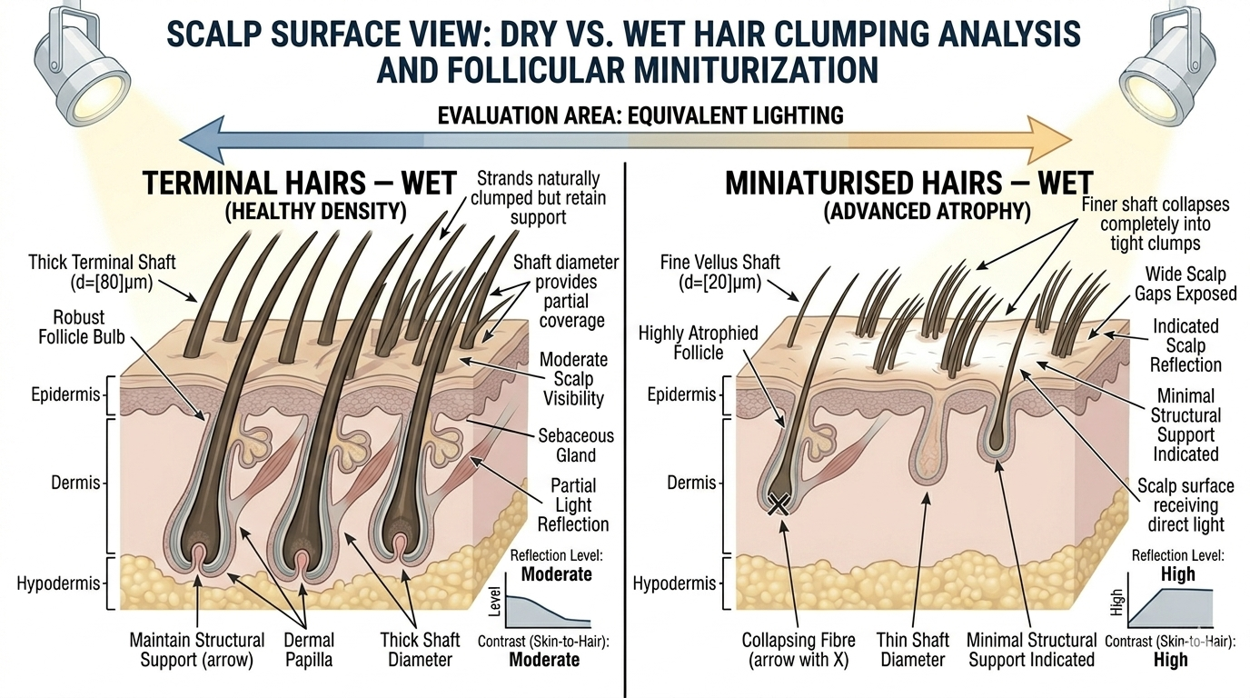 Comparison of wet clumping behaviour in terminal vs miniaturised hair