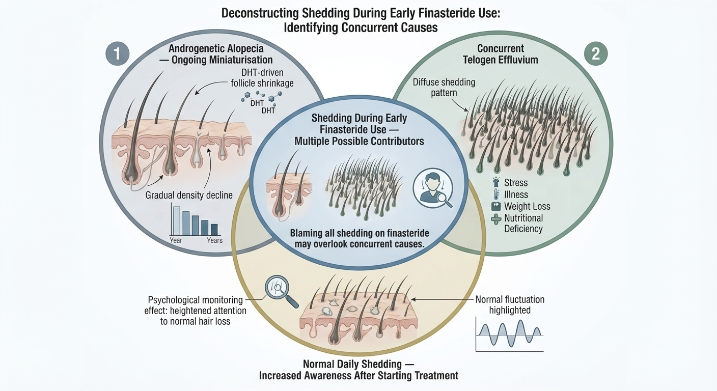Diagram showing overlapping shedding causes that may be mistakenly attributed to finasteride