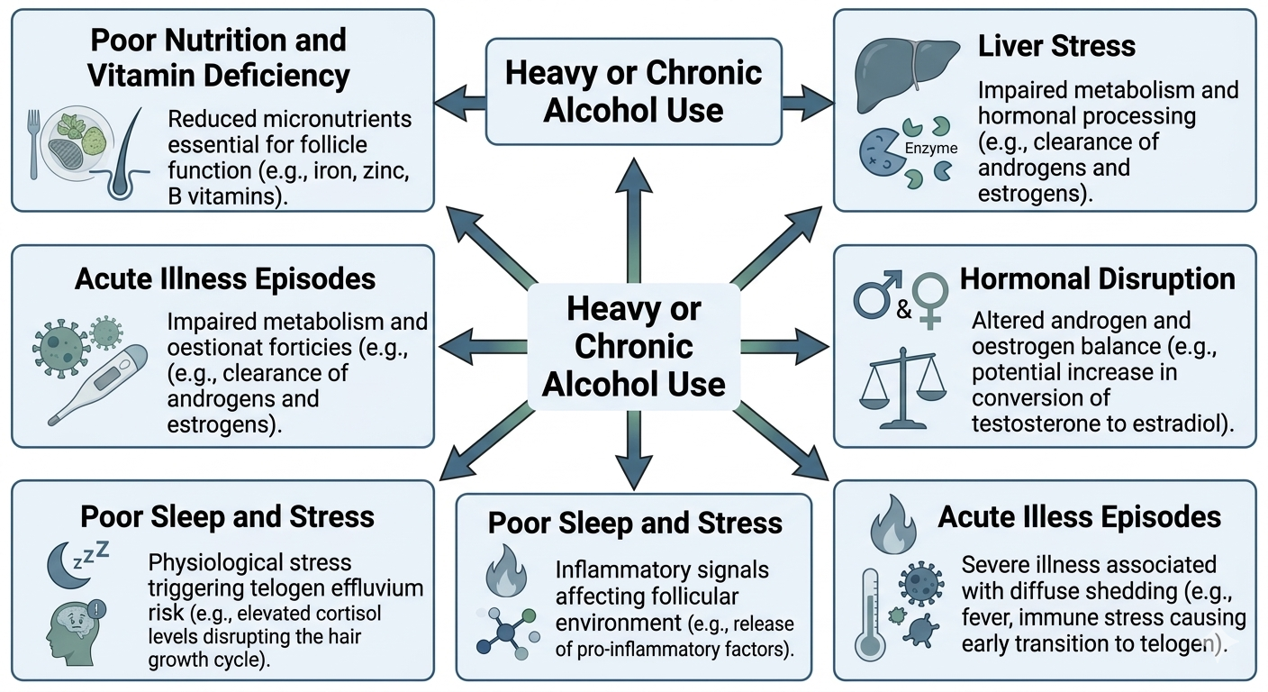 Diagram of indirect pathways through which heavy alcohol use may affect hair