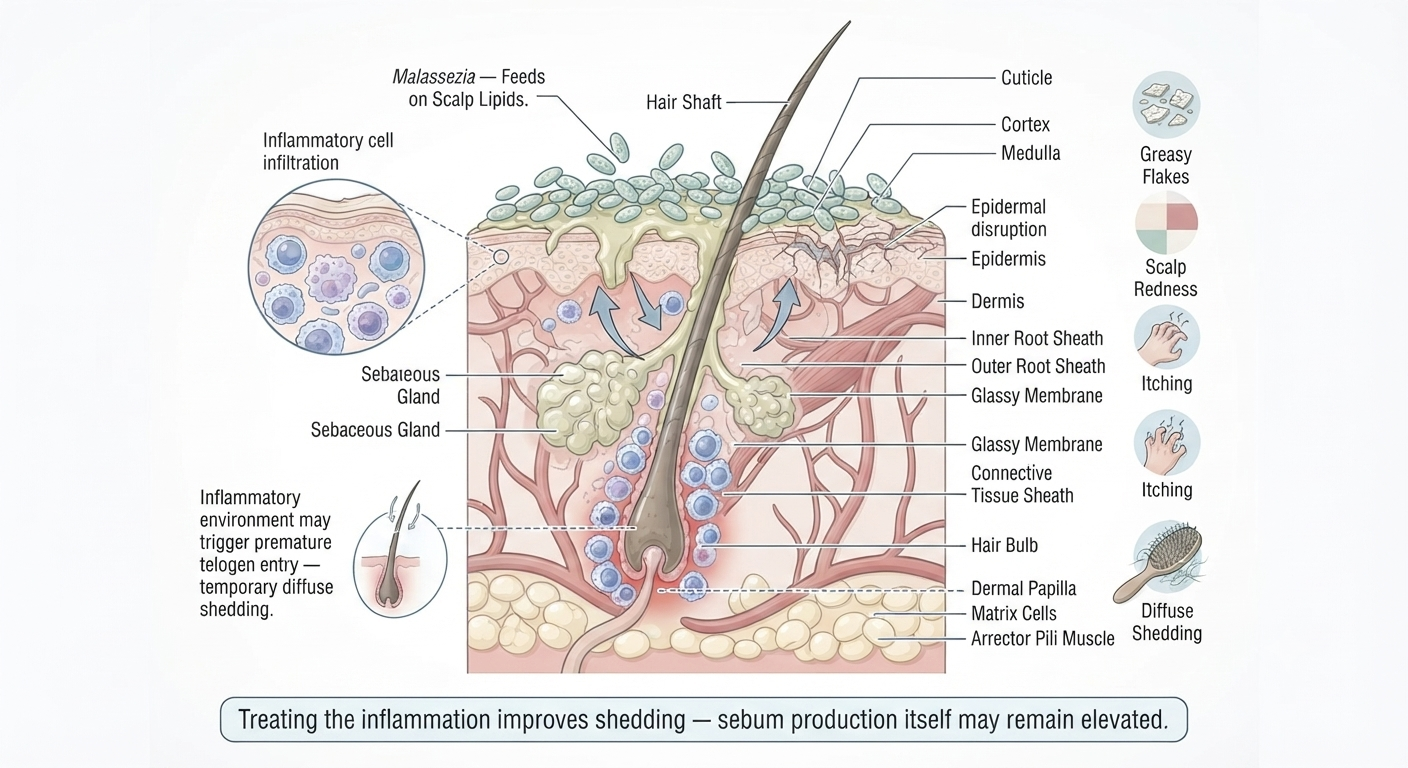 Diagram of seborrhoeic dermatitis mechanism and its indirect effect on hair shedding