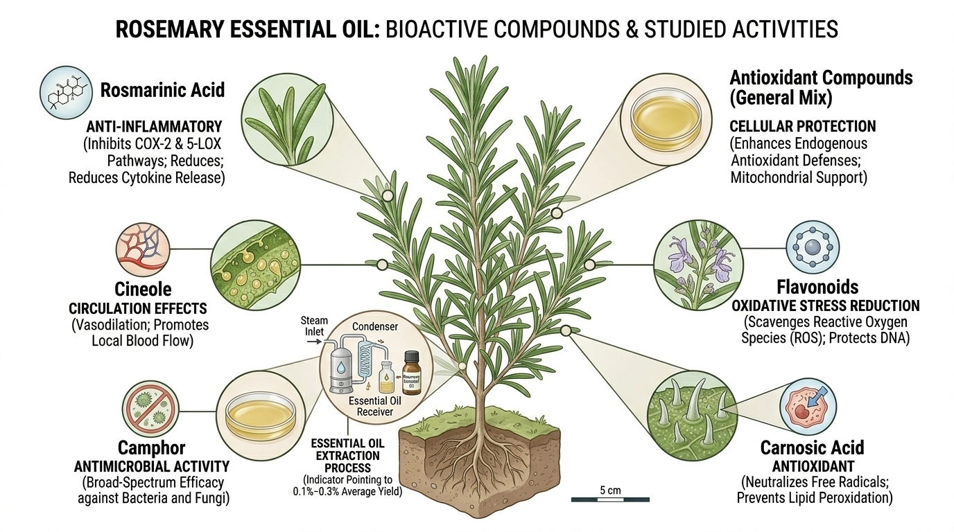 Diagram of rosemary oil's biologically active compounds