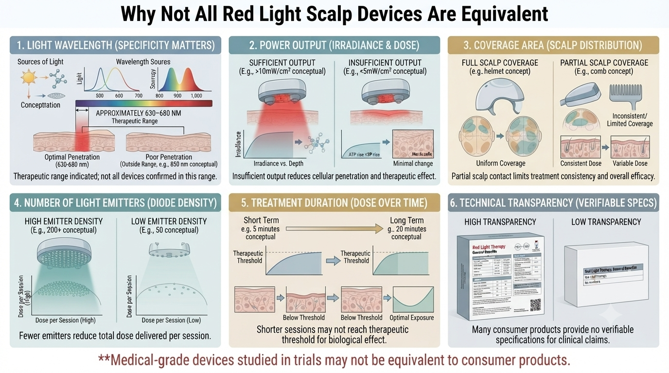 Diagram showing key technical variables that differ between consumer red light devices