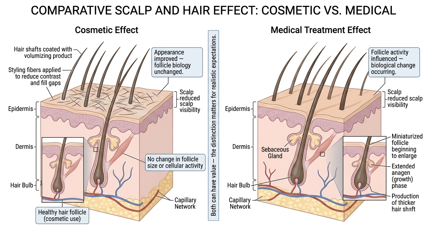 Diagram distinguishing cosmetic hair products from medical treatments at follicle level