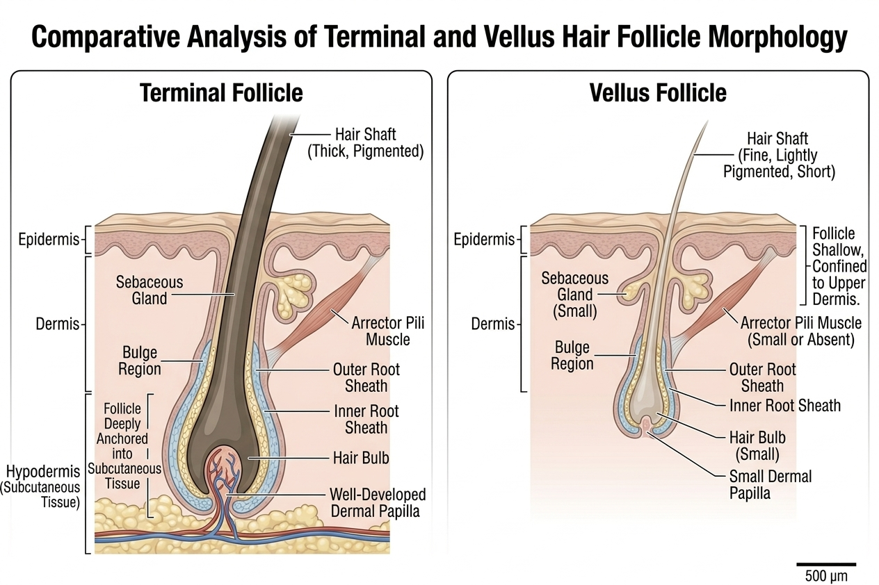 Side-by-side comparison of terminal and vellus follicles and their hair shafts