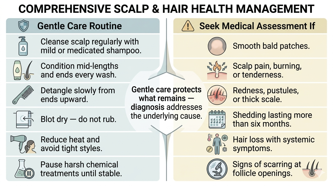 Summary diagram of a gentle care routine alongside when to seek medical assessment
