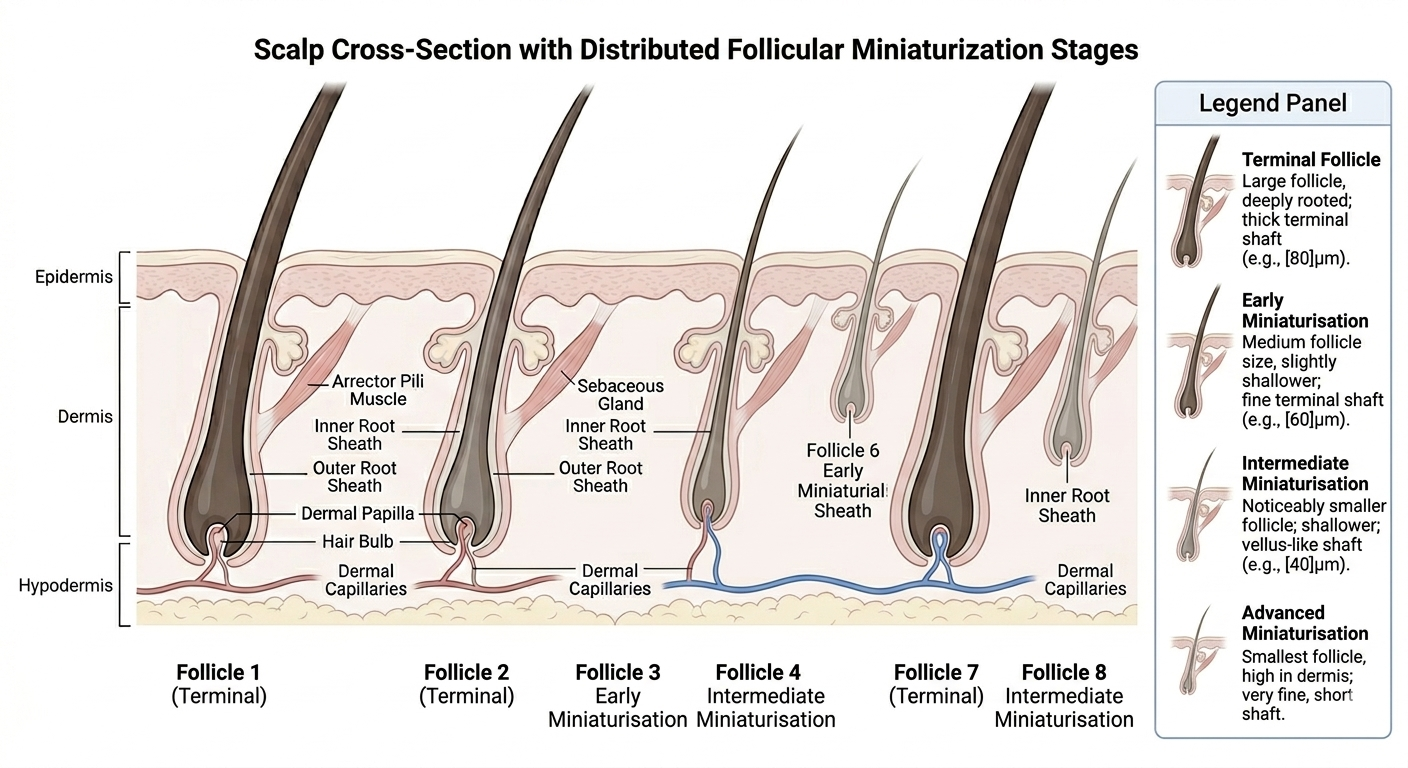 Diagram showing asynchronous miniaturisation across a scalp cross-section