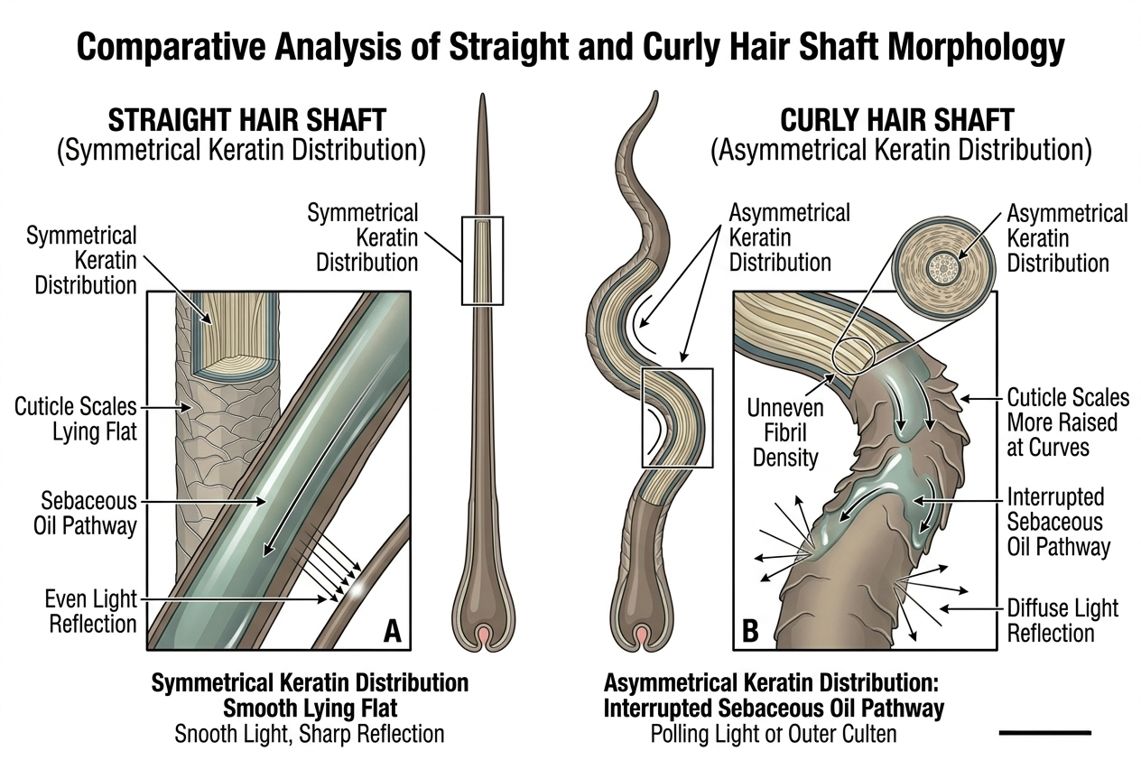 Structural comparison of straight vs curly hair shaft properties