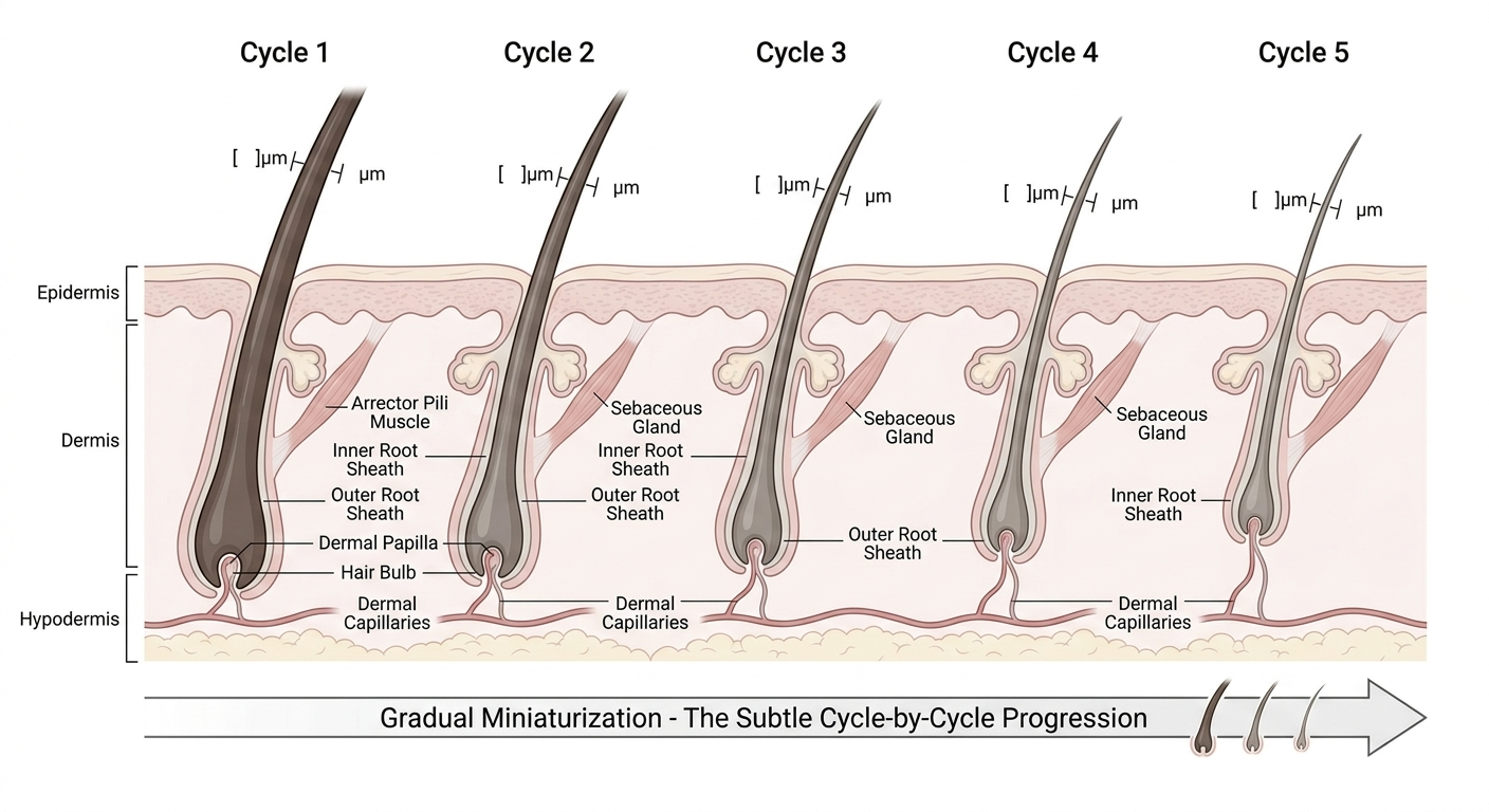 Diagram showing incremental follicle miniaturisation across successive cycles