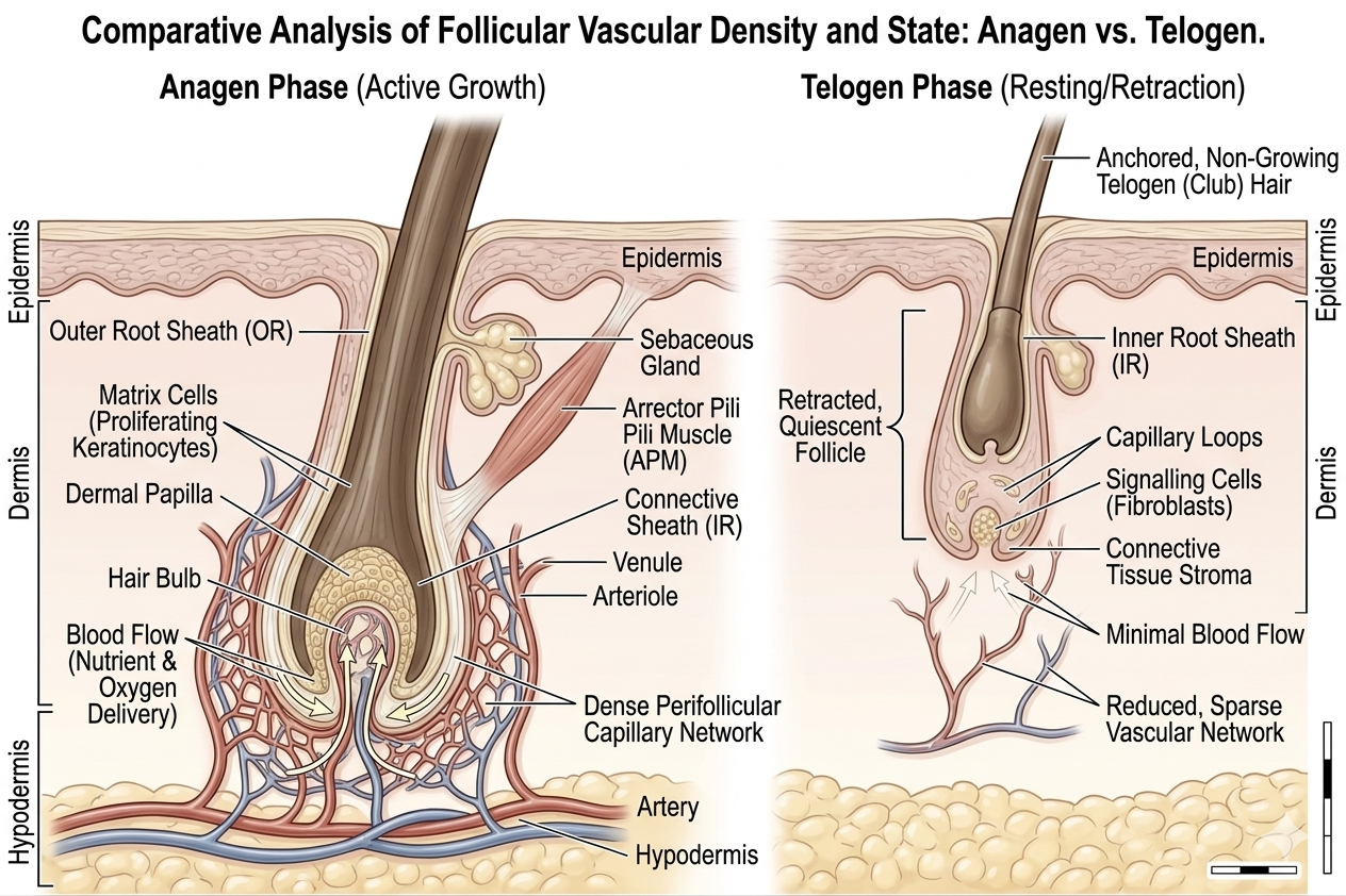 Diagram comparing vascular activity around a follicle in anagen vs telogen