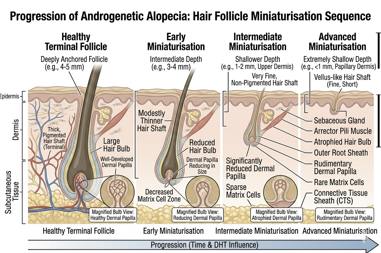 Progressive sequence of follicle miniaturisation across four stages