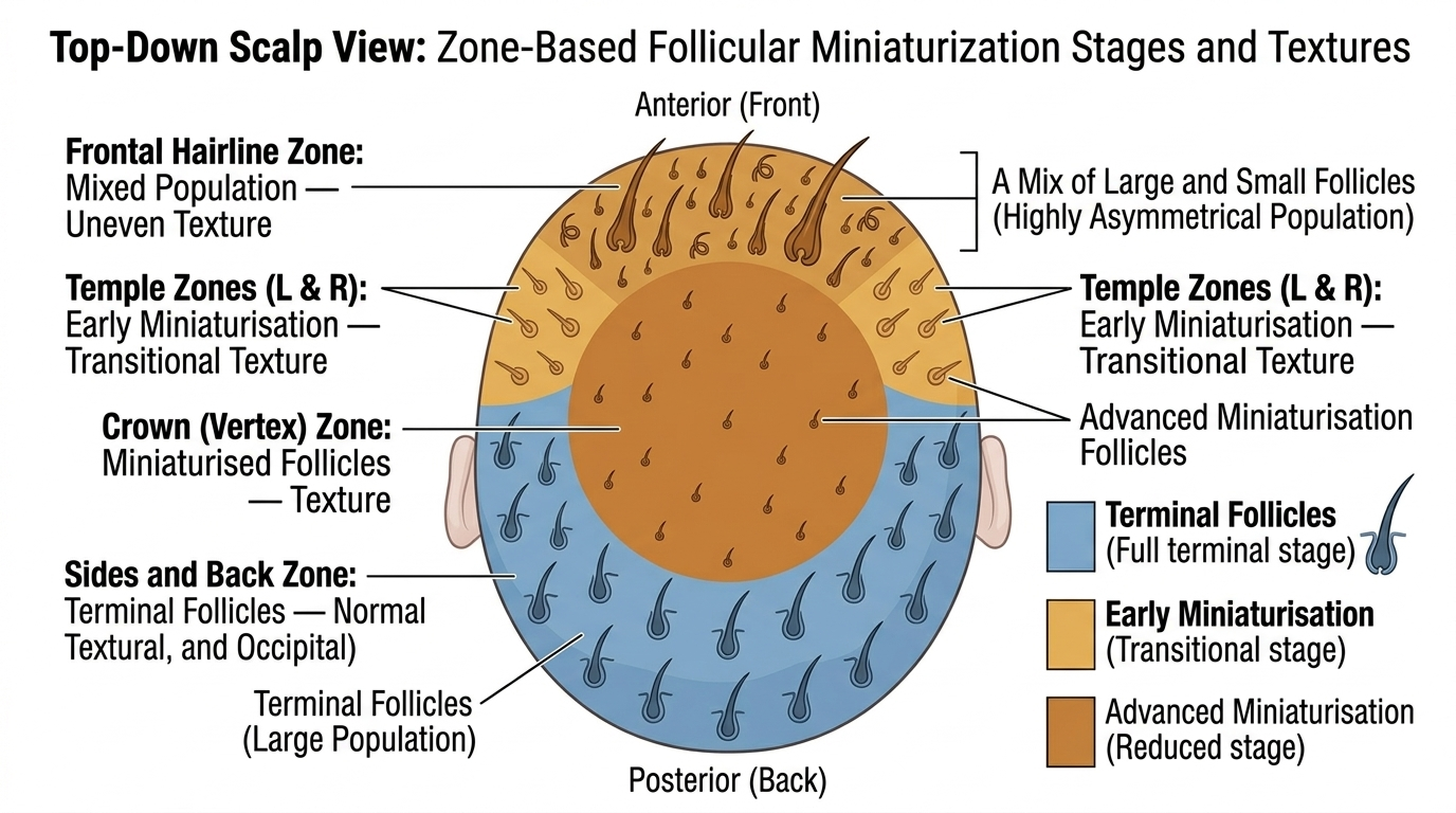 Scalp map showing uneven texture distribution across thinning zones