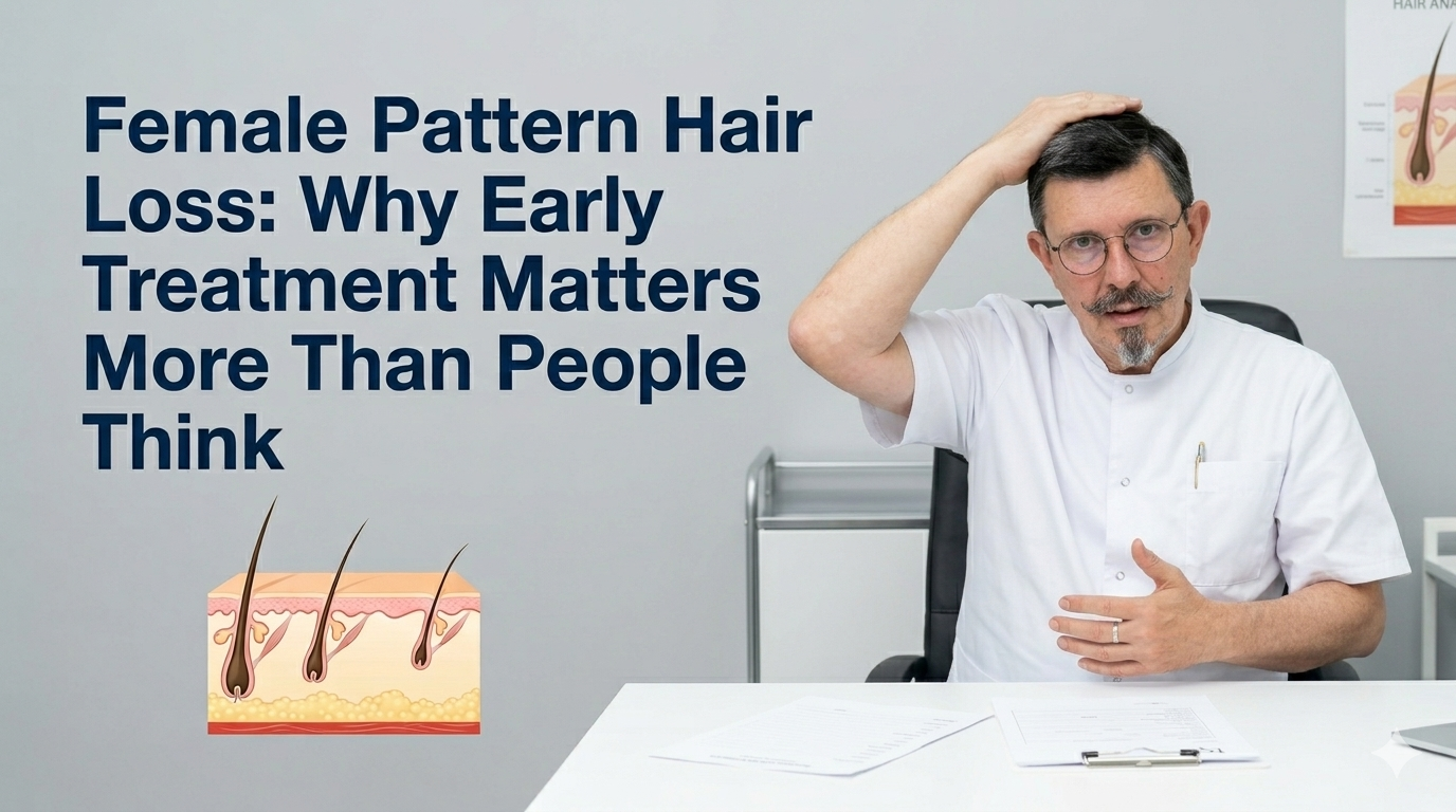 Female pattern hair loss why early treatment matters blog title on a clean background