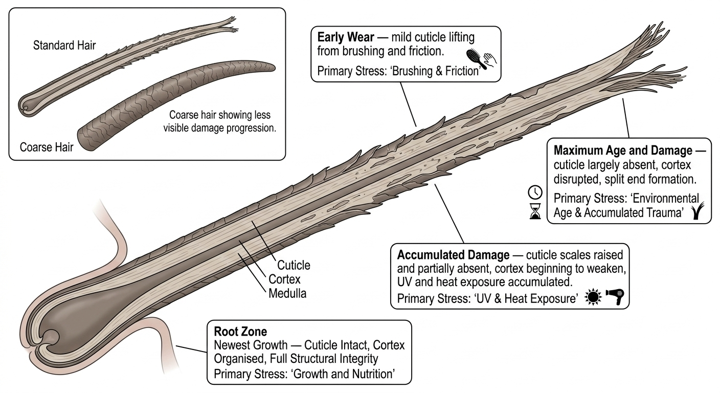 Diagram showing cumulative damage progression along the hair shaft from root to tip