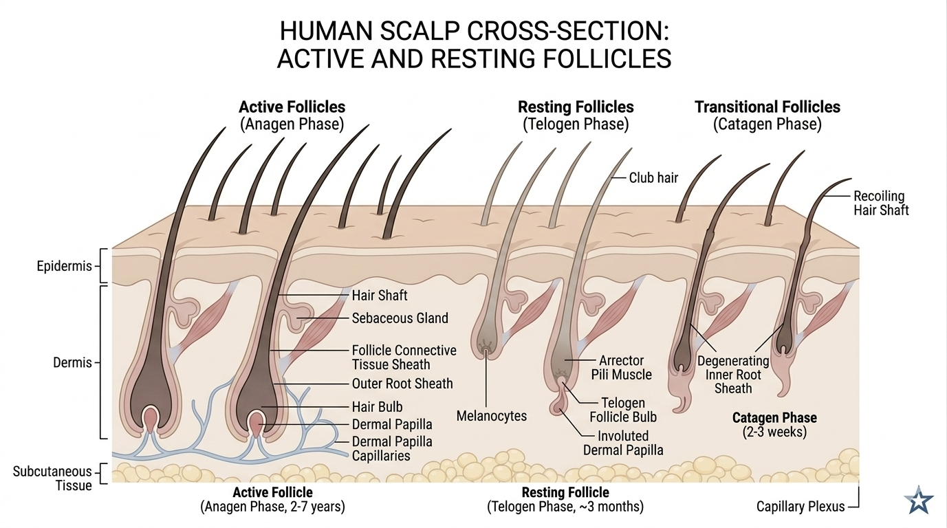 Diagram showing follicle distribution across a scalp cross-section