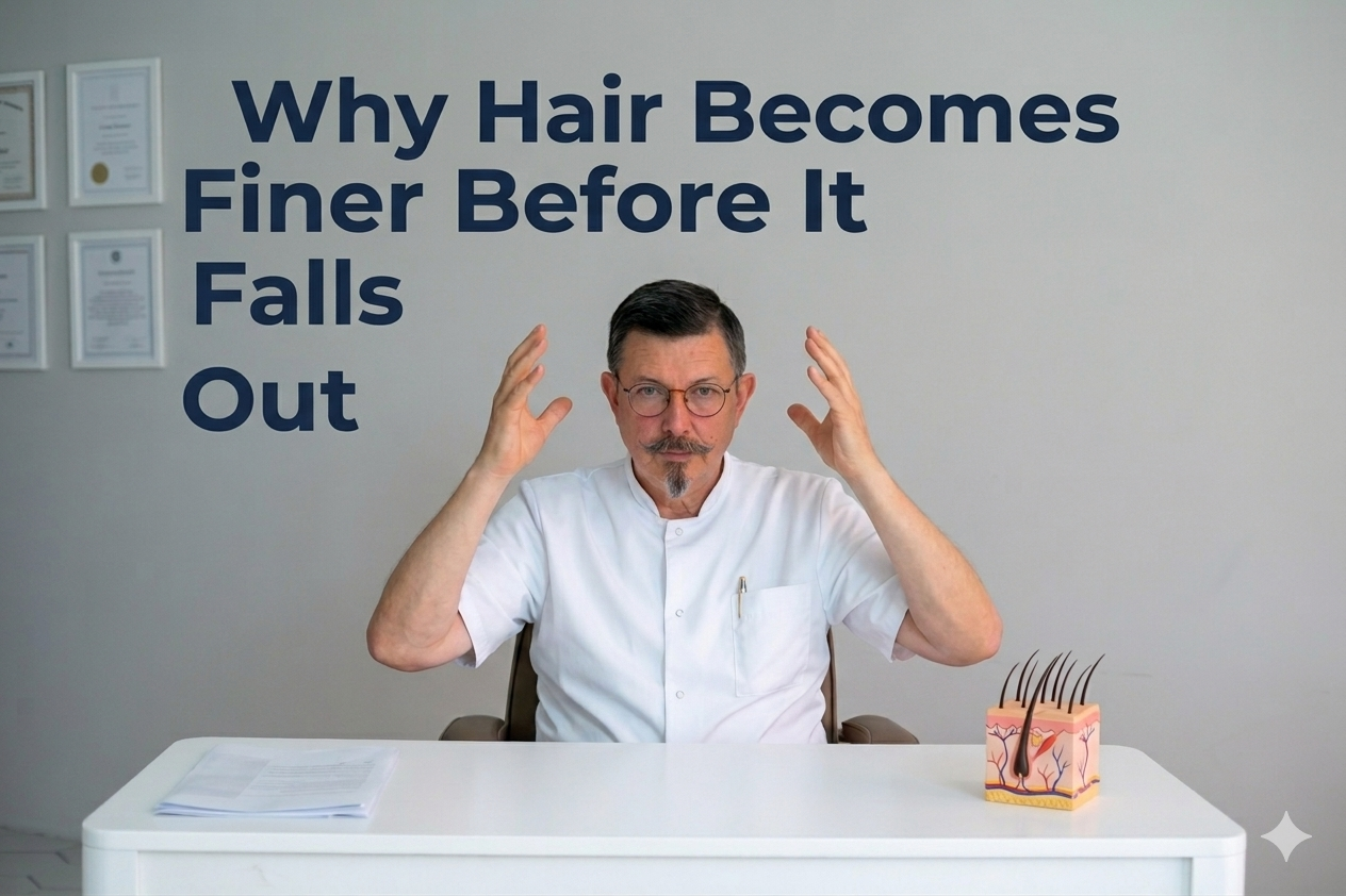 Why hair becomes finer before it falls out blog title on a clean background