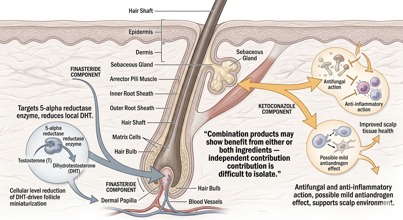Diagram of ketoconazole's proposed mechanisms alongside finasteride in combination shampoos