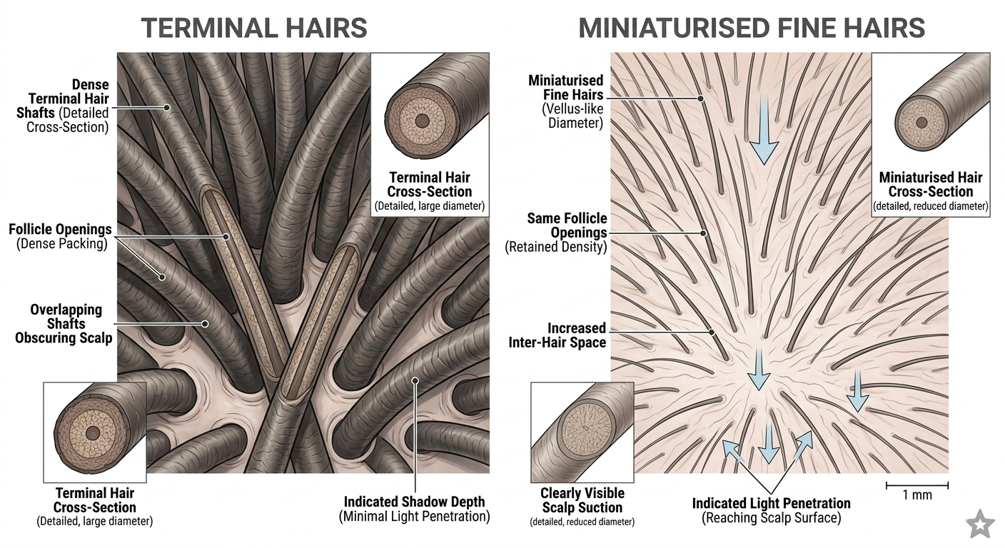Diagram comparing scalp coverage provided by terminal vs fine miniaturised hairs