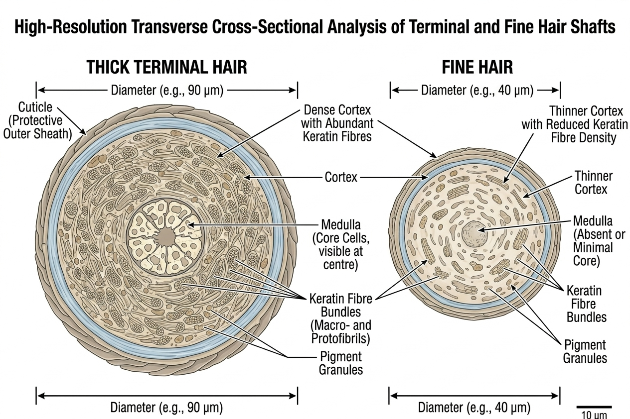 Cross-sectional comparison of thick vs fine hair shaft internal structure