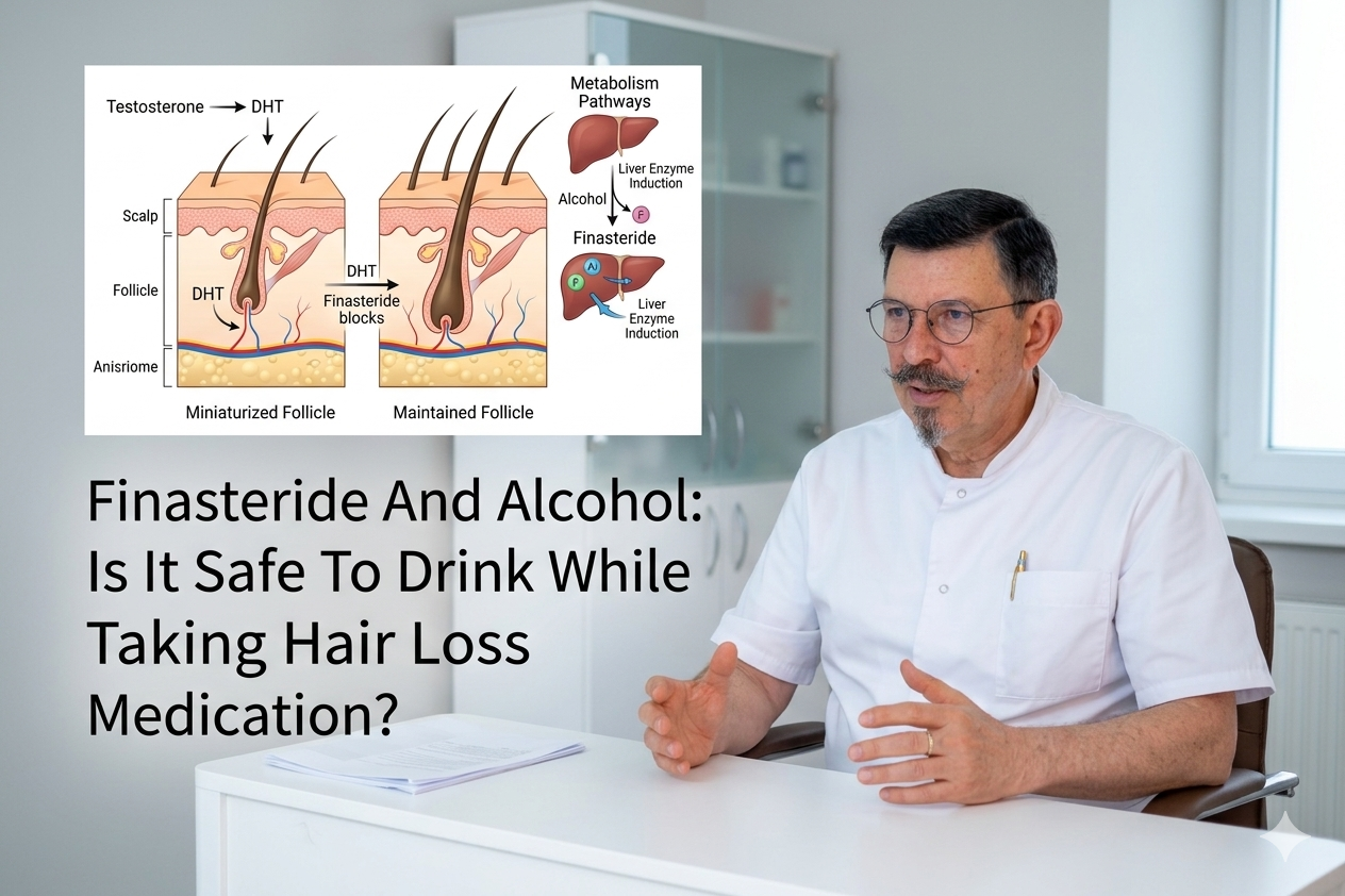 Finasteride and alcohol is it safe to drink while taking hair loss medication blog title on a clean background