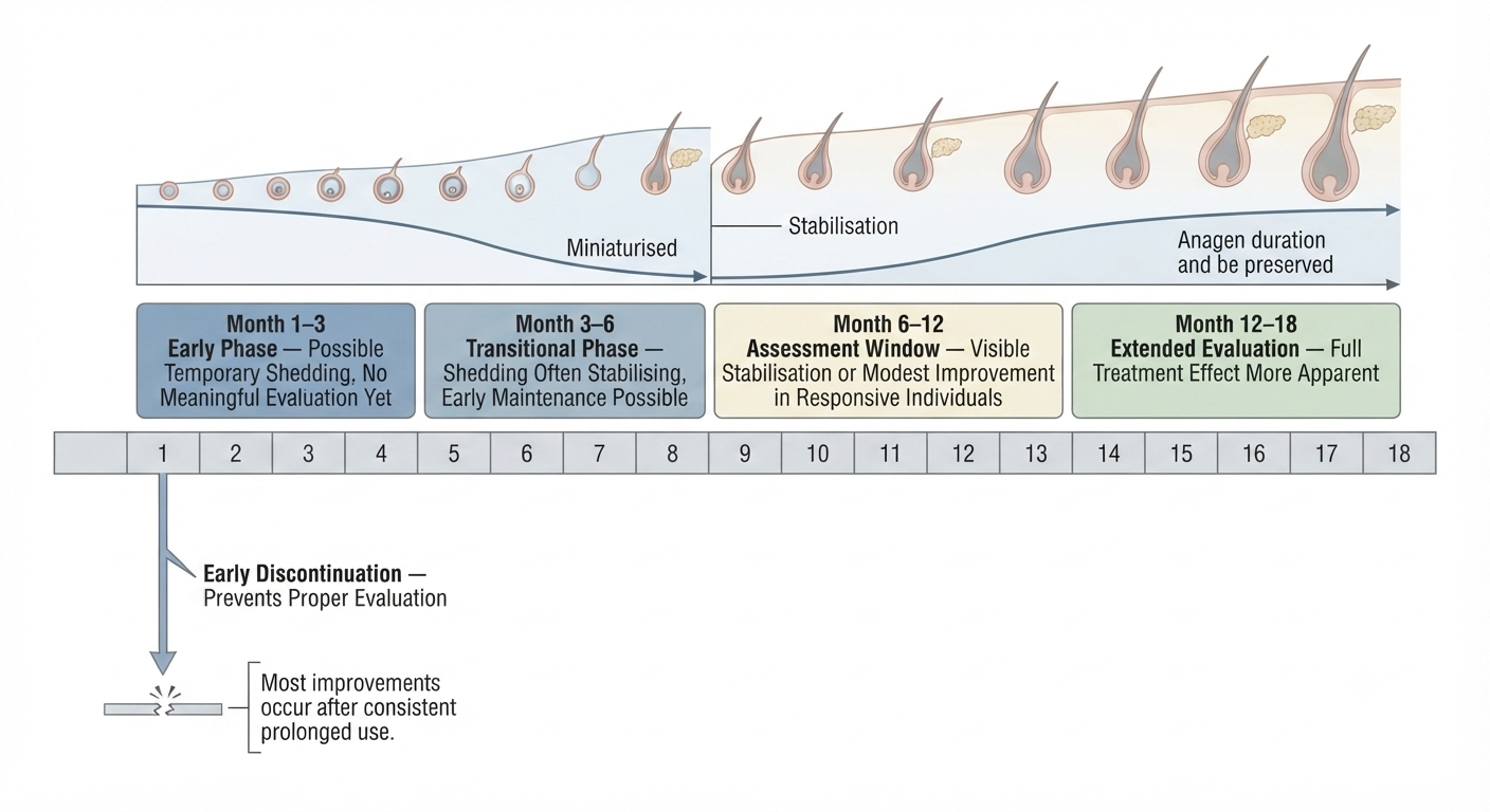 Timeline diagram of finasteride treatment phases and realistic evaluation points