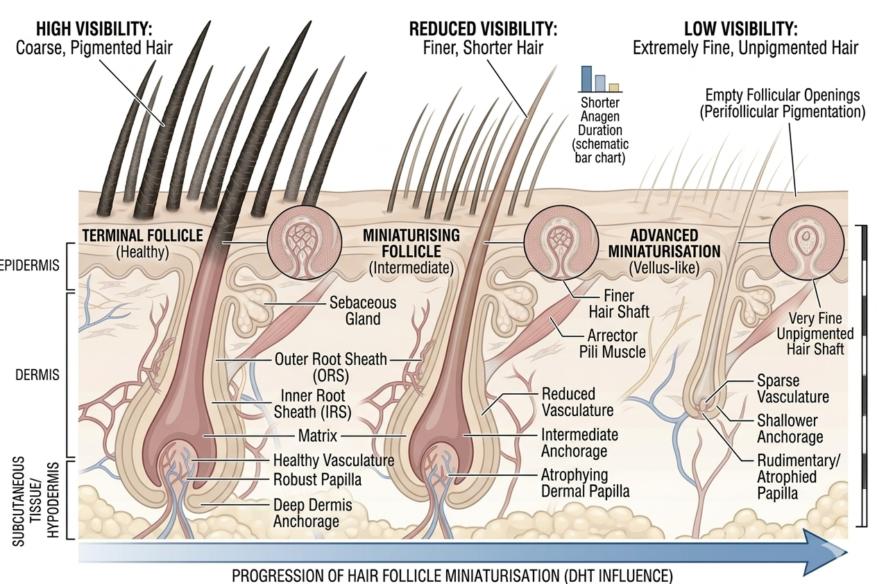 Summary diagram of the miniaturisation process at the frontal hairline