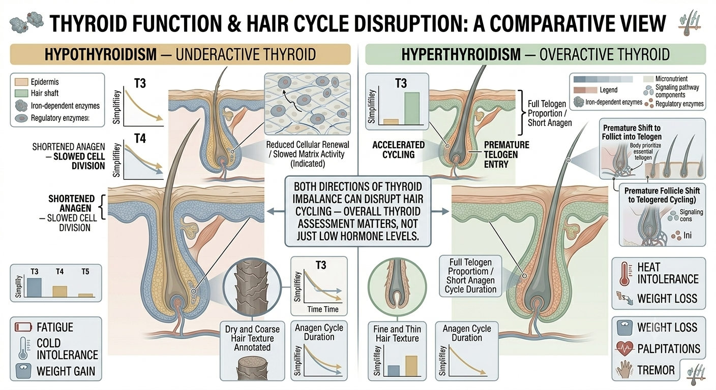 Comparison diagram of hair effects in hypothyroidism vs hyperthyroidism