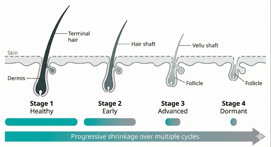 Follicle miniaturisation process over multiple cycles