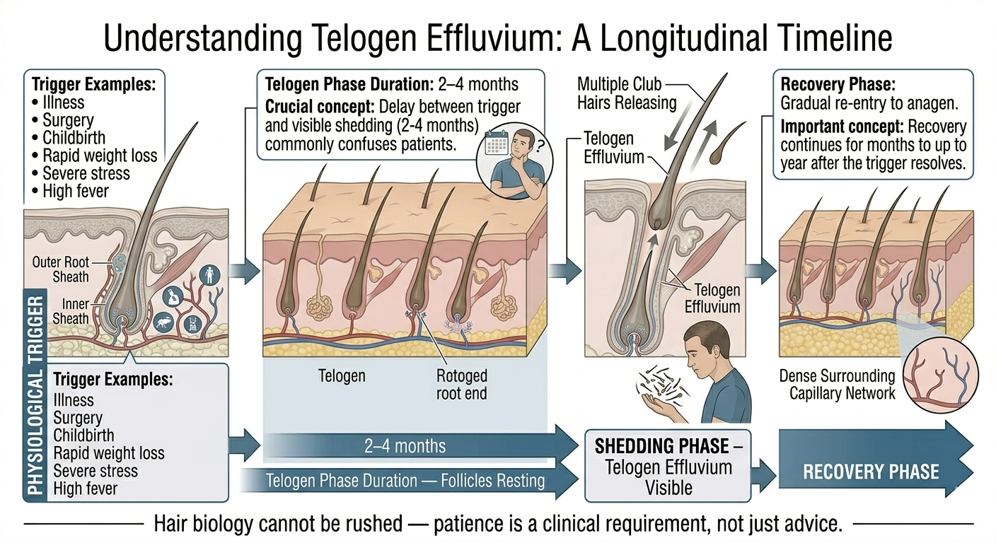Timeline diagram showing telogen effluvium trigger, delay, and shedding phase