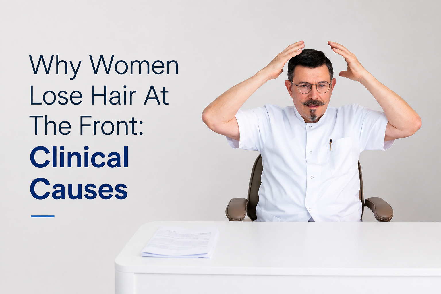 Why women lose hair at the front clinical causes blog title on a clean background