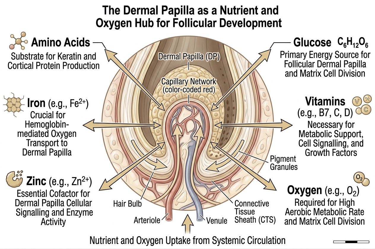 Infographic of key nutrients delivered via blood supply to the follicle
