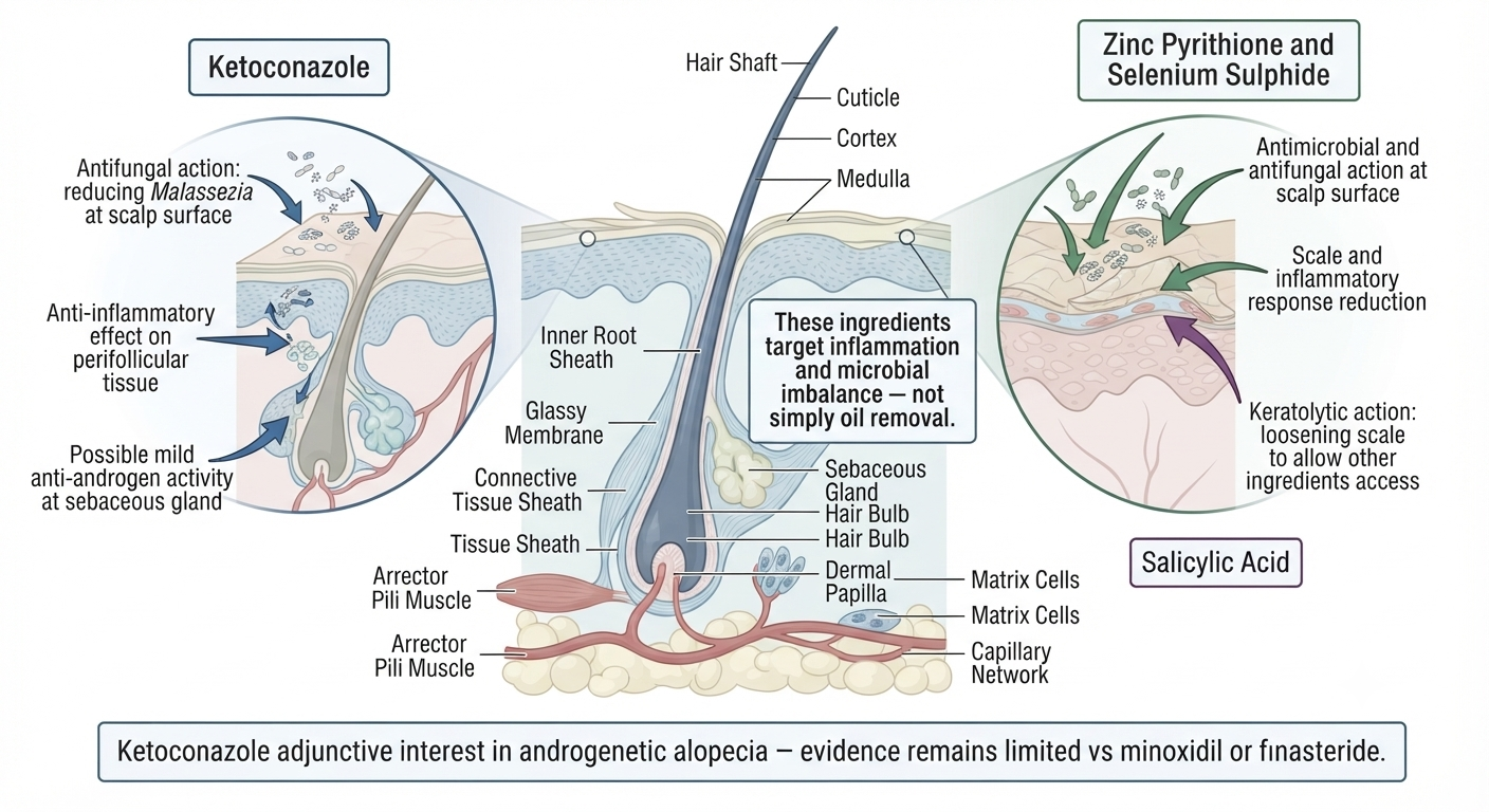 Diagram of how medicated shampoos address oily scalp inflammation rather than simply removing oil
