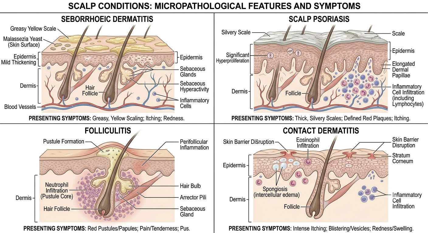 Diagram of scalp cross-sections showing different inflammatory presentations
