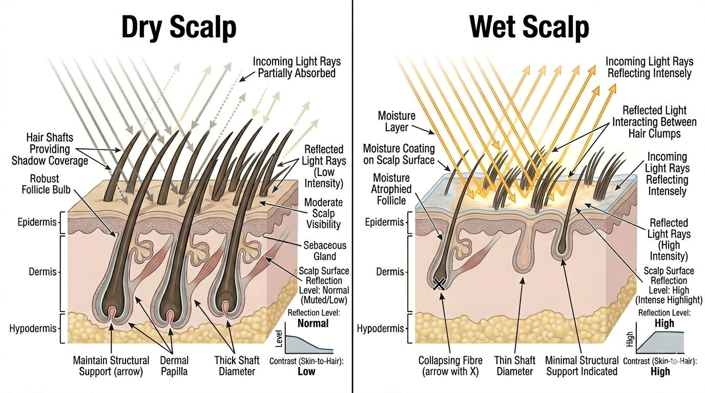 Diagram showing increased scalp light reflection when wet vs dry