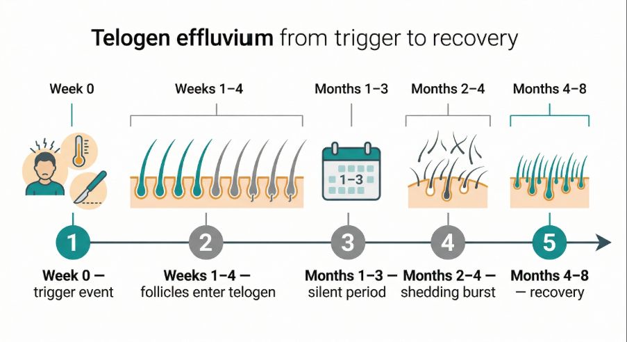Telogen Effluvium trigger to recovery timescale