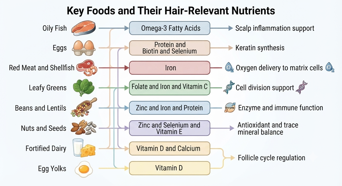 Food-to-nutrient-to-follicle function infographic mapping key foods to their hair-relevant nutrients