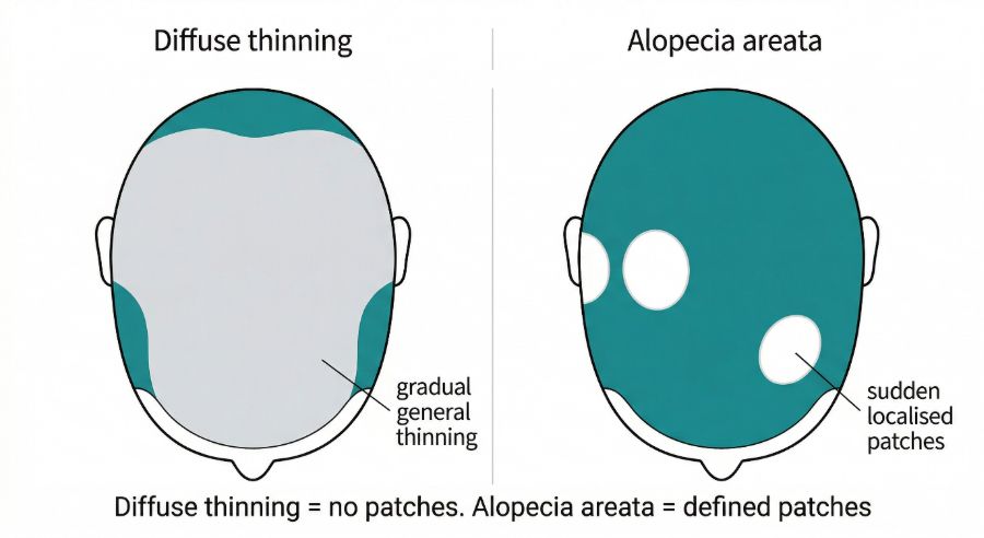Diffuse thinning versus patchy hair loss