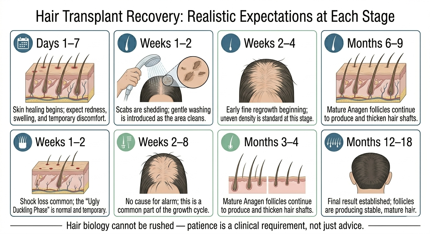 Summary timeline diagram of healing milestones and realistic expectations