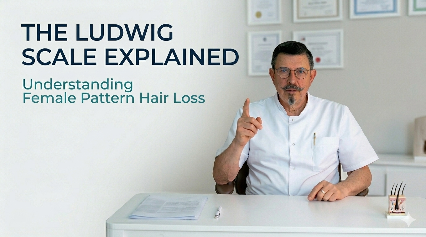 A diagram of the Ludwig scale showing three stages of female pattern hair loss with progressive central scalp thinning