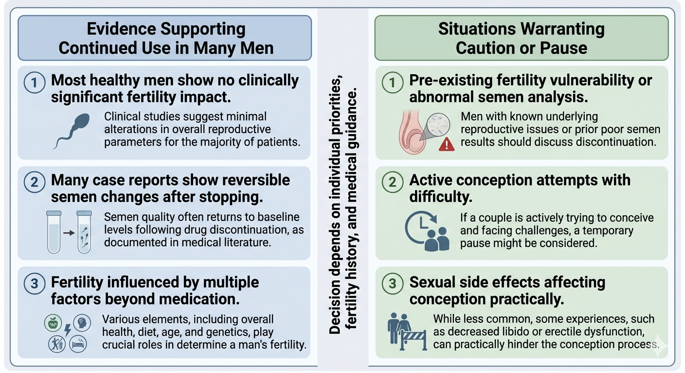 Summary diagram balancing finasteride benefits against fertility considerations