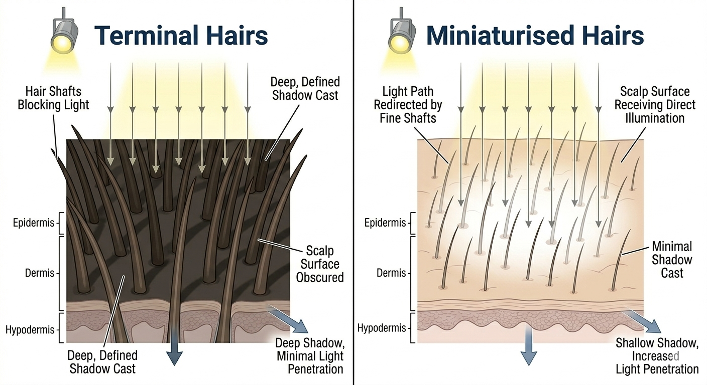 Diagram comparing light blocking capacity of terminal vs miniaturised hair shafts