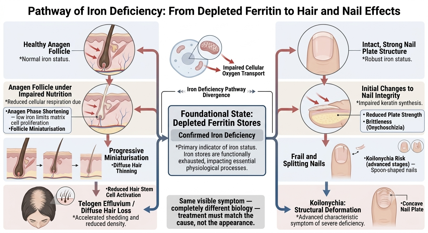 Diagram showing iron deficiency effects on hair and nail tissue simultaneously